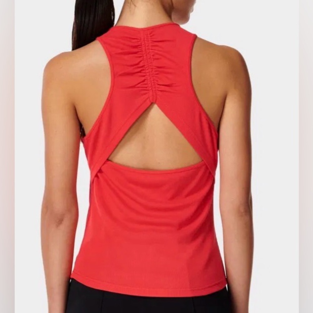 Sweaty Betty US Size 12 Adrift Ruched Tank‎ Top in Tulip Red Slim Fit Peep Hole